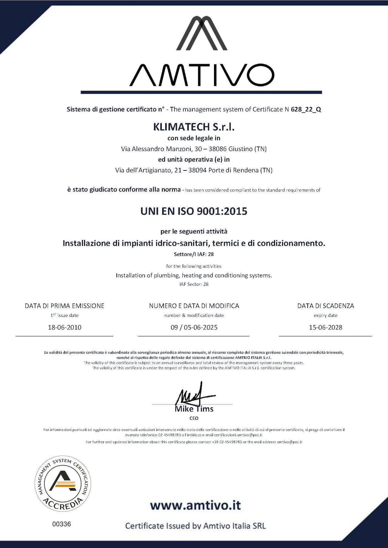 Certificato Iso 9001 2015