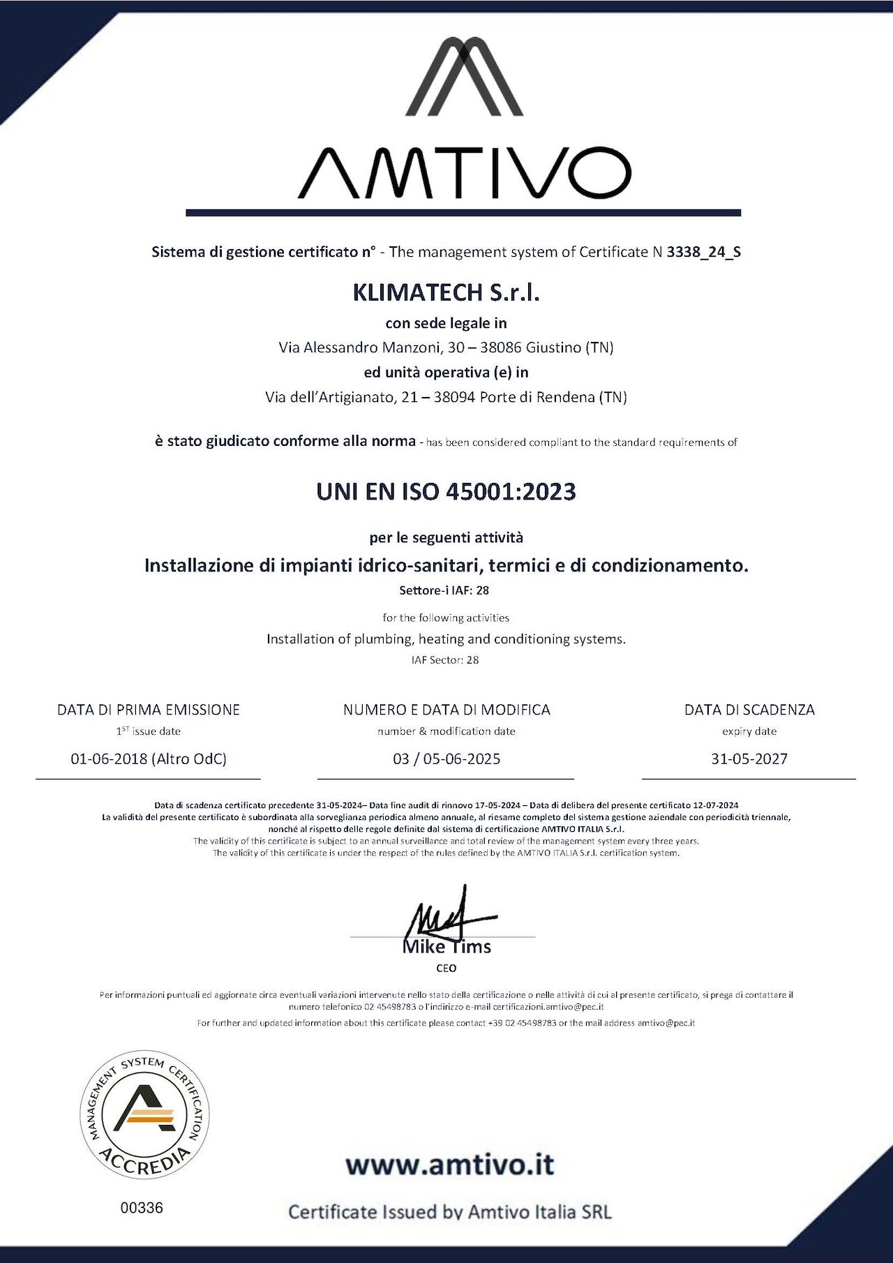 Certificato Iso 45001